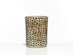 Tall, white vase with brown ornamentation
